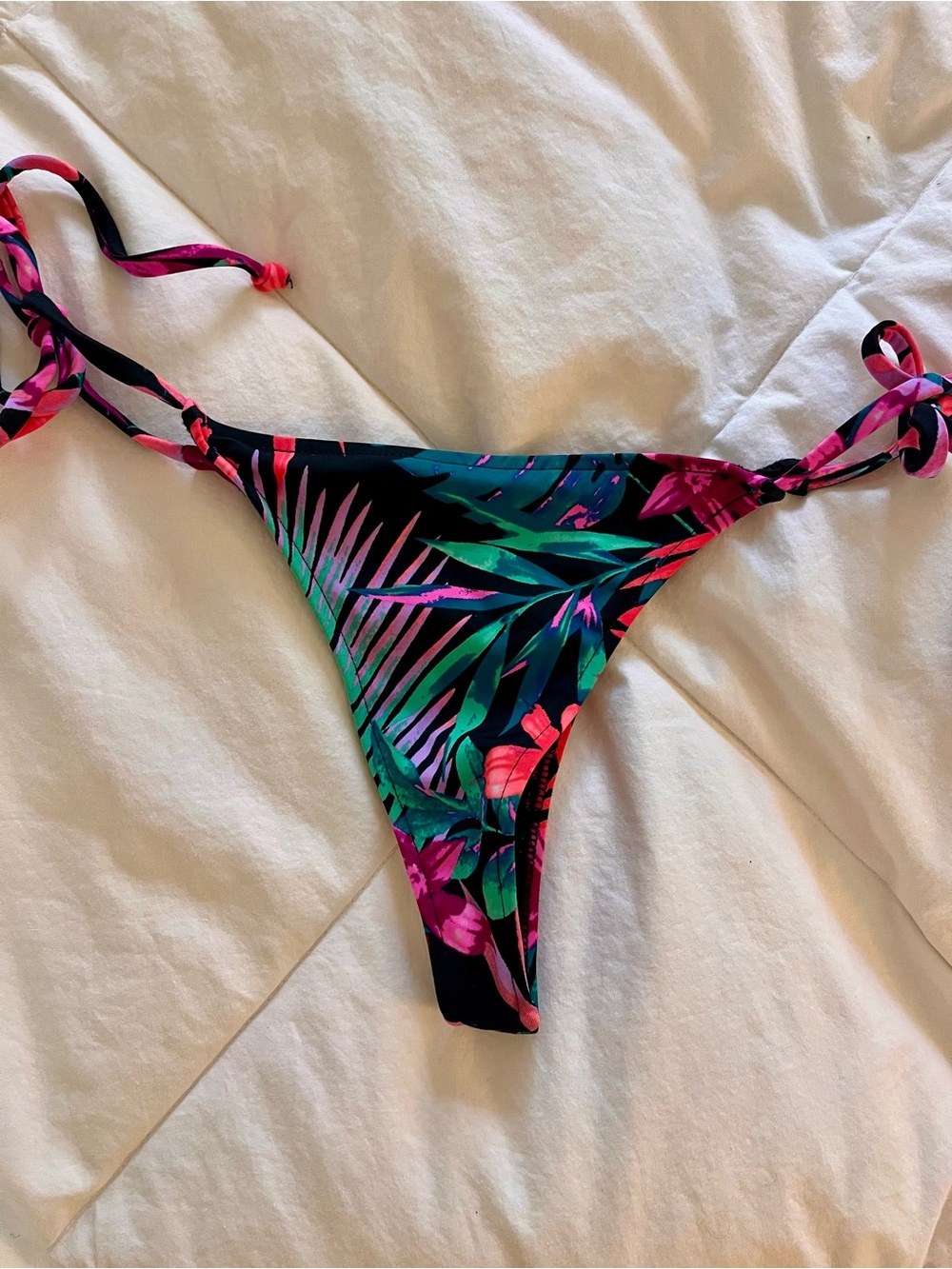 Doll Medium Tropical Floral Tie-Side Medium Thong Bikini Bottom - Black/Multi